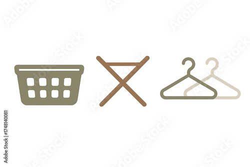 Laundry basket, folding drying rack, and clothing hangers for household chores