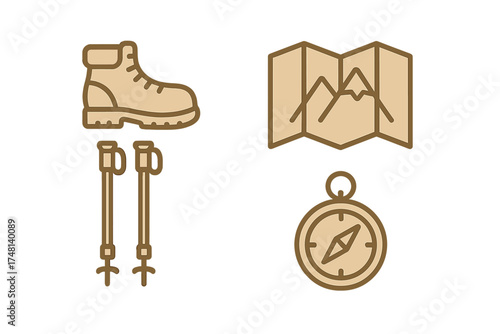 Hiking essentials set with boot, trekking poles, folded map, and navigation compass
