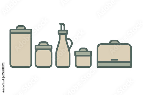 Minimal flat design set of kitchen storage containers and oil dispenser bottle