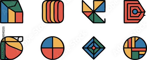 Abstract Geometric Style Icons Combining Primary and Secondary Colors With Minimalist Shapes and Lines