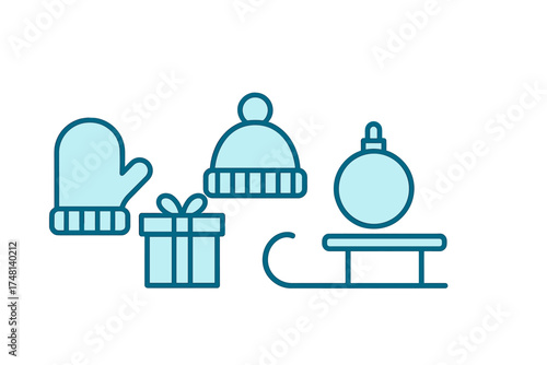 Winter holiday collection featuring a warm mitten, knitted beanie hat, wrapped present, and a sled with a festive ornament