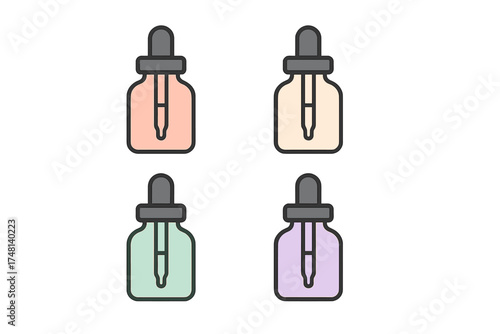 Four pastel colored dropper bottles for essential oils or cosmetic serums