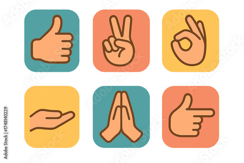 Set of six universal hand signs including approval, peace, agreement, and direction
