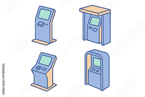 Isometric set of four self-service kiosks and automated teller machines