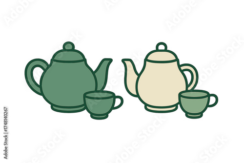 Stylized set of two teapots and two teacups in contrasting green and beige colors