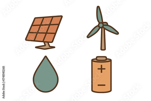 Sustainable energy and environmental resources including solar panel wind turbine water drop and battery storage