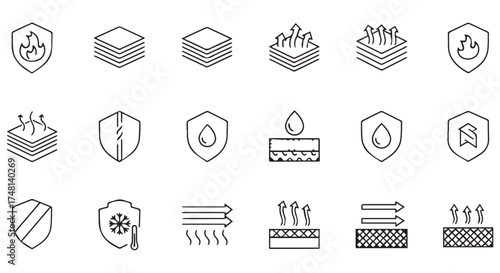 A set of line art icons illustrating various material properties such as fire resistance, layering, breathability, and waterproofness, isolated on transparent background