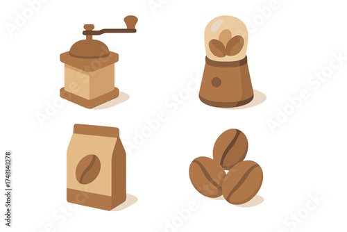 Isometric icons of coffee grinders, roasted beans, and packaging equipment