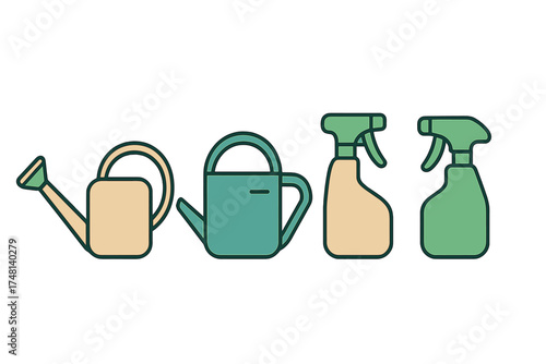 Assortment of garden and houseplant care equipment featuring watering cans and spray bottles