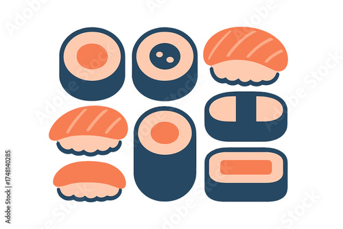 Minimalist set of Japanese sushi pieces including nigiri and maki rolls