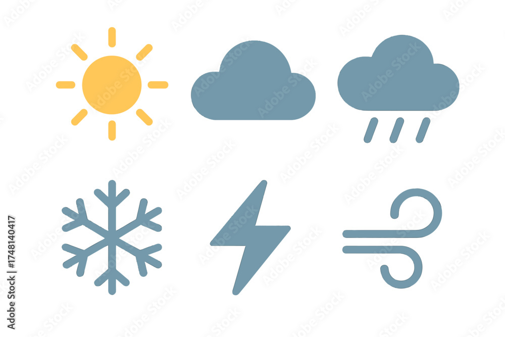 Obraz premium Essential weather forecast symbols including sun, cloud, rain, snow, lightning, and wind