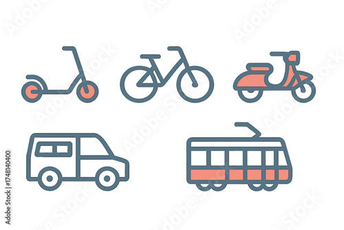 Urban mobility transportation modes featuring bicycle scooter moped van and tram