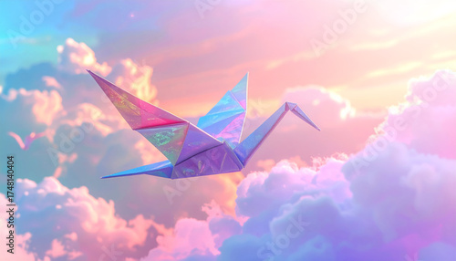 Holographic or iridescent paper cranes are flying.