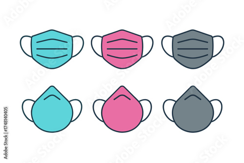 Set of protective medical face masks in various colors and styles for safety