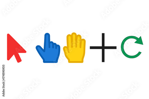 Collection of standard computer interface symbols including mouse arrow, pointing hand, grab tool, and crosshair