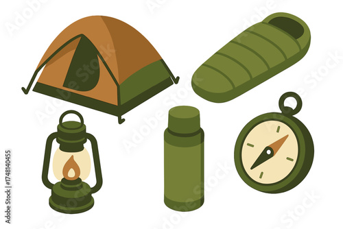 Isometric set of essential outdoor camping equipment including tent, sleeping bag, compass, and lantern