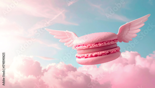 Pink macarons with pink filling and sugar flakes are flying in the bright sky.