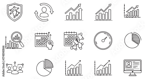 Set of handdrawn line art icons depicting business analytics, finance, and data visualization concepts isolated on transparent background