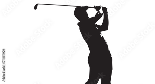 Silhouette of a golfer in midswing, captured against a stark transparent background