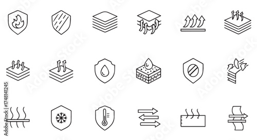 Collection of line art icons representing fabric properties like fire resistance, breathability, and waterproofing, isolated on transparent background