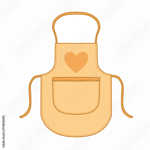 Cute apron with heart and pocket vector illustration. Hand drawn style peach apron with stitches. Cooking, baking, chef wear