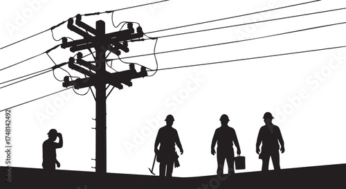 Silhouette of electricians working near a power pole with overhead wires against a bright sky isolated on transparent background