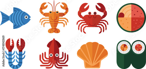 A Collection of Geometric Style Icons Featuring Various Seafood Delicacies and Ocean Creatures