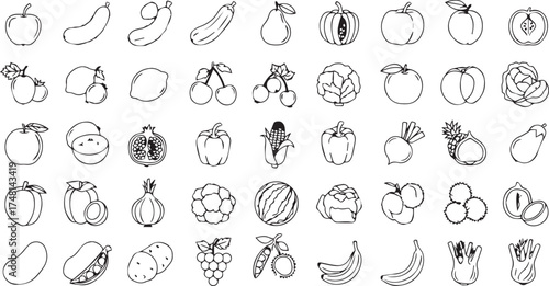 Comprehensive Collection of Outline Fruit and Vegetable Vector Illustrations, Featuring a Wide Variety of Healthy Produce Line Art Graphics and Simple Food Icons for Design Projects