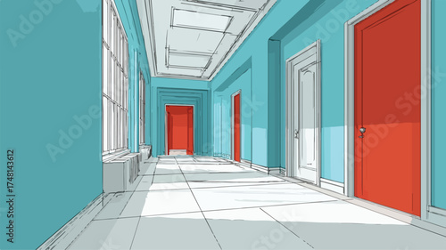 Sleek Modern Architectural Corridor with Blue Teal Walls and Red Door