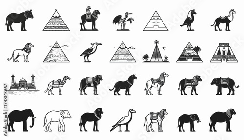 Monochrome Graphic Collection of Animals and Landmarks of Ancient Civilizations