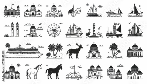 A comprehensive set of monochrome outline icons representing global travel, architecture, and cultural symbols