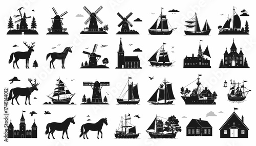 Netherlands Silhouette Collection Windmills, Ships, and Deer
