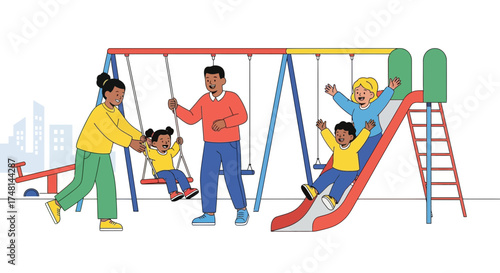 Diverse families enjoying a sunny day at the park playing on swings and slides, creating cheerful