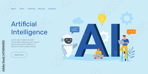 Web banner นด Human work with AI, Teamwork with technology, Create idea with chat bot,  Artificial Intelligence (AI) landing page concept.
