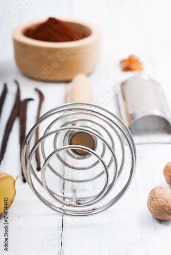 egg beater metal spiral and dessert ingredients