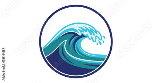 Stylized illustration of a powerful blue and teal ocean wave breaking within a circle isolated on transparent background