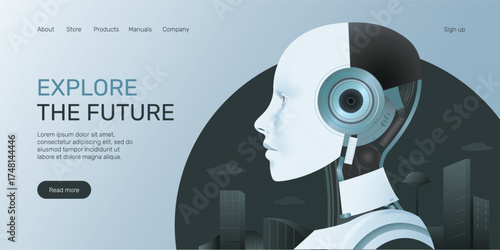 Web banner AI humanoid head side view. Urban landscape with modern buildings, skyscrapers, Future AI landing page concept.