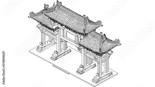 Isometric Illustration of Ancient Chinese Gate on White Background