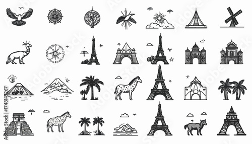Diverse collection of global travel icons featuring famous monuments, animals, and nature elements in a simple sketch style