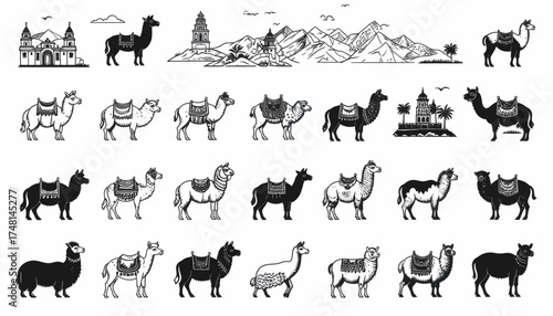 Collection of stylized camel and llama illustrations with architectural and landscape elements