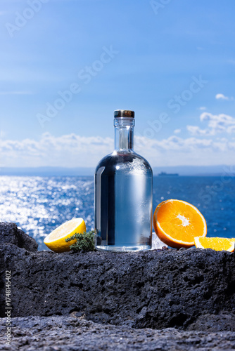 Transparent glass bottle with oranges, lemons and herbs on volcanic rocks by the sea under a bright blue sky. Concept of gin, citrus liquor or Mediterranean spirits inspired by the coast, freshness