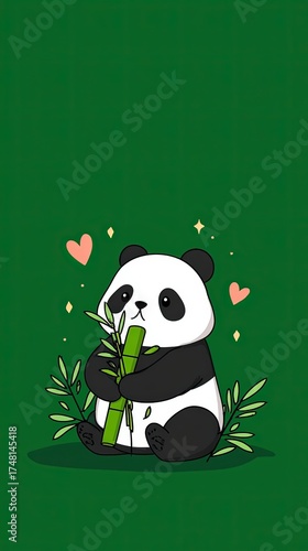 Cute panda bear holding bamboo stalk with leaves and hearts on green background
