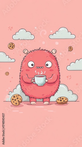 Fluffy pink monster drinks hot beverage surrounded by cookies and clouds