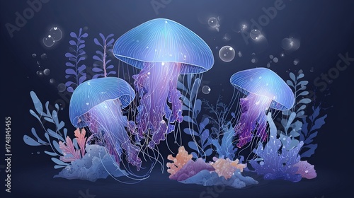 Three luminous blue and purple jellyfish float near aquatic plants and bubbles