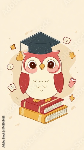 Cute graduation owl wearing a cap sits atop stacked books surrounded by stars and papers