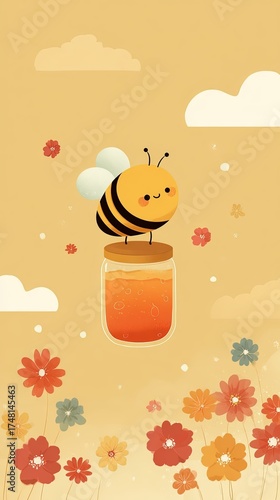 Cute bee with wings on jar of honey surrounded by colorful flowers and clouds