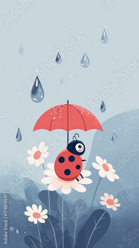 Cute ladybug under red umbrella with flowers in rainy weather Insect White
