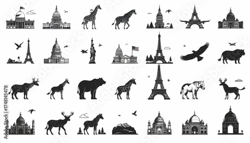 Stylized monochrome vector illustrations depicting an extensive array of iconic global landmarks and majestic animal silhouettes, perfect for travel, education, and cultural design projects