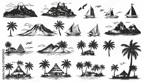 Set of diverse African safari-themed flat outline vector icons, featuring elephants, giraffes, majestic baobab trees, and distinctive traditional architecture