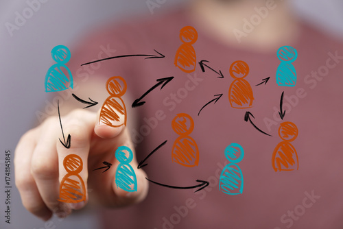 Hand pointing at network diagram.  Collaboration, teamwork, connection, communication.